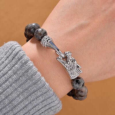 Natural Yooperlite 130.00 ctw 10mm Beaded Dragon Bracelet in Stainless Steel (6.75 In) with Free UV Flash Light