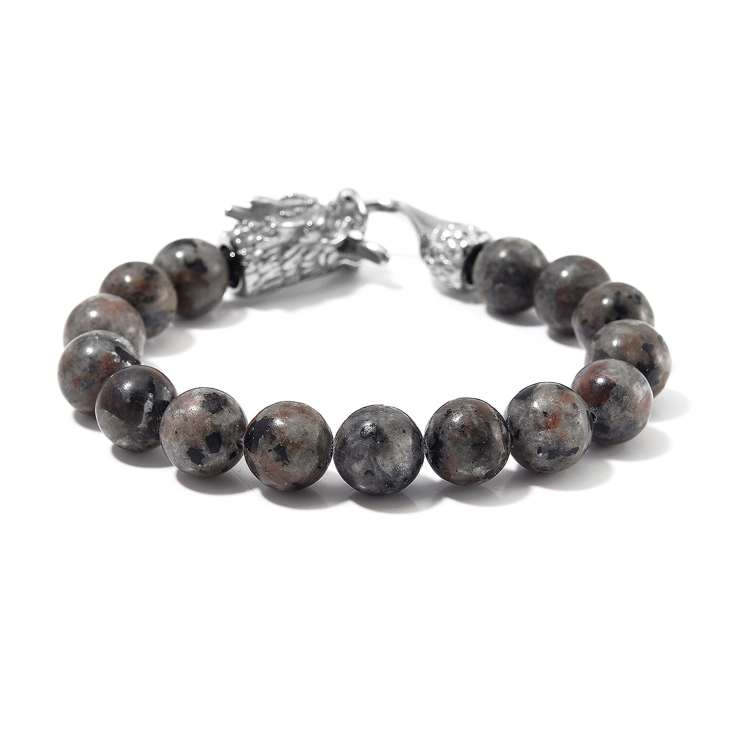 Natural Yooperlite 130.00 ctw 10mm Beaded Dragon Bracelet in Stainless Steel (6.75 In) with Free UV Flash Light
