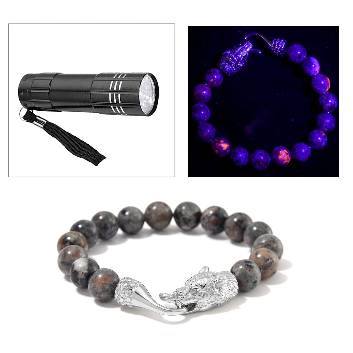 Natural Yooperlite 130.00 ctw 10mm Beaded Panther Bracelet in Stainless S (7.50 In) with Free UV Flash Light  image number 0