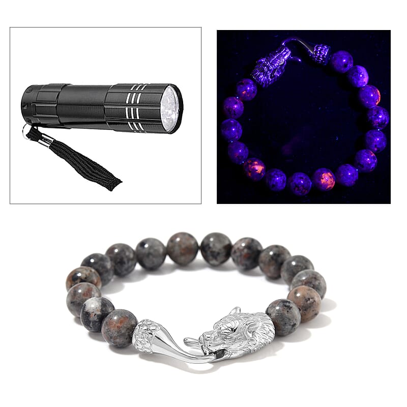 Natural Yooperlite 130.00 ctw 10mm Beaded Panther Bracelet in Stainless S (7.50 In) with Free UV Flash Light 