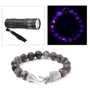Natural Yooperlite 130.00 ctw 10mm Beaded Elephant Bracelet in Stainless Steel (7.50 In) with Free UV Flash Light