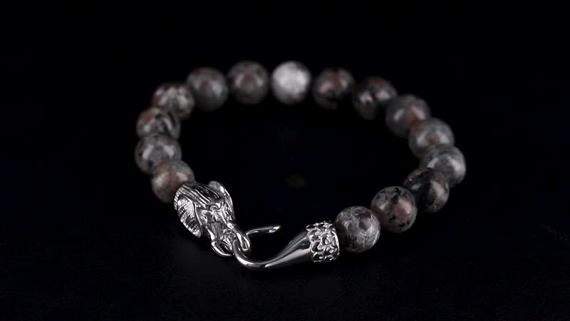 Natural Yooperlite 130.00 ctw 10mm Beaded Elephant Bracelet in Stainless Steel (6.75 In) with Free UV Flash Light