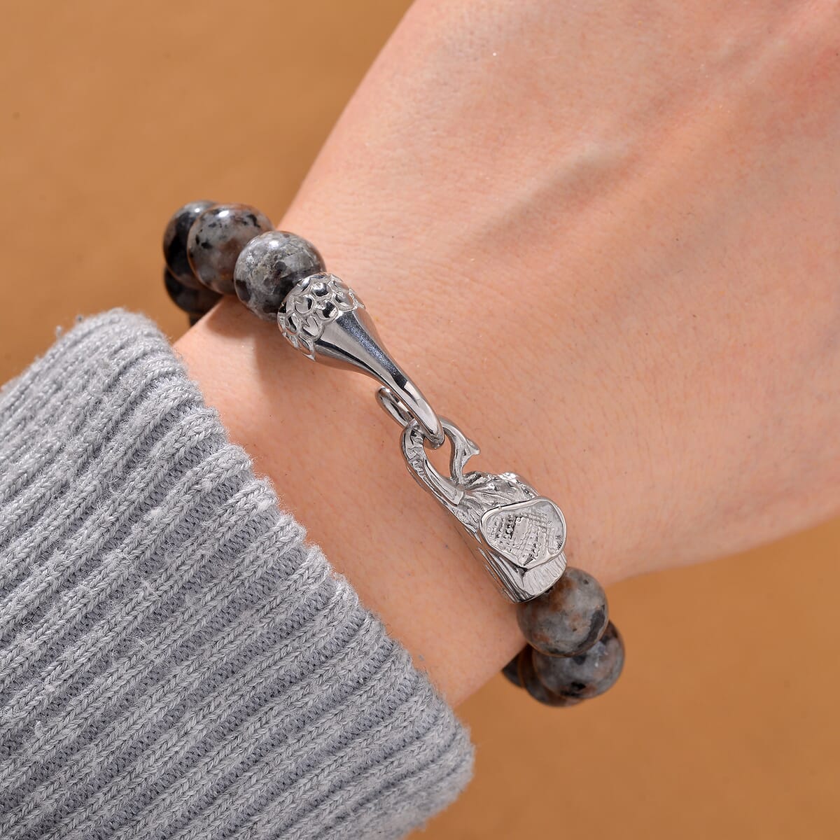 Natural Yooperlite 130.00 ctw 10mm Beaded Elephant Bracelet in Stainless Steel (6.75 In) with Free UV Flash Light image number 1