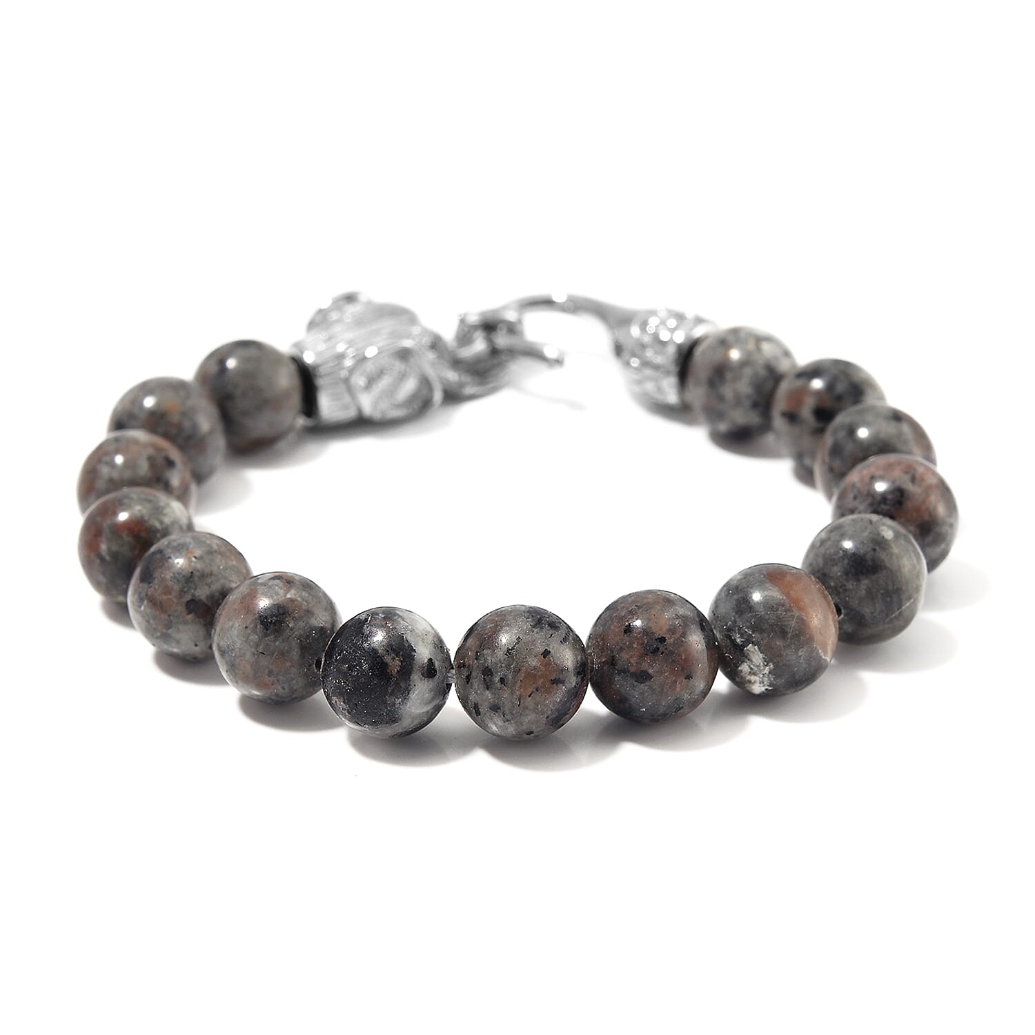 Natural Yooperlite 130.00 ctw 10mm Beaded Elephant Bracelet in Stainless Steel (7.50 In) with Free UV Flash Light