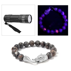 Natural Yooperlite 150.00 ctw 10mm Beaded Panther Bracelet in Stainless Steel (7.25 In) with Free UV Flash Light