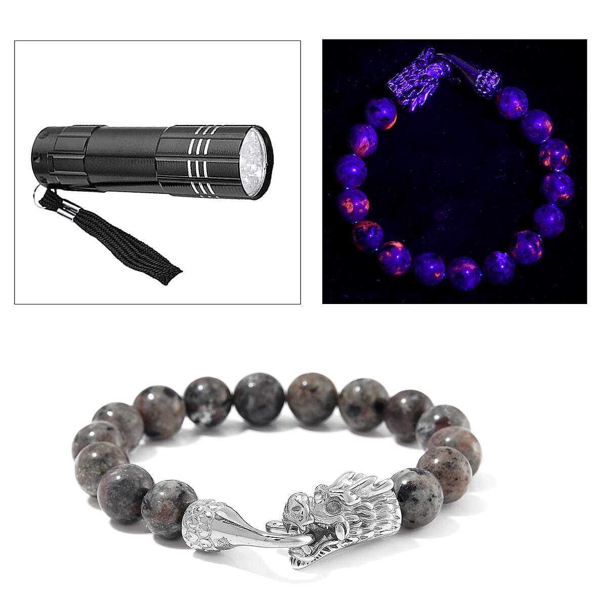 Natural Yooperlite 170.00 ctw 10mm Beaded Dragon Bracelet in Stainless Steel (8.00 In) with Free UV Flash Light image number 0