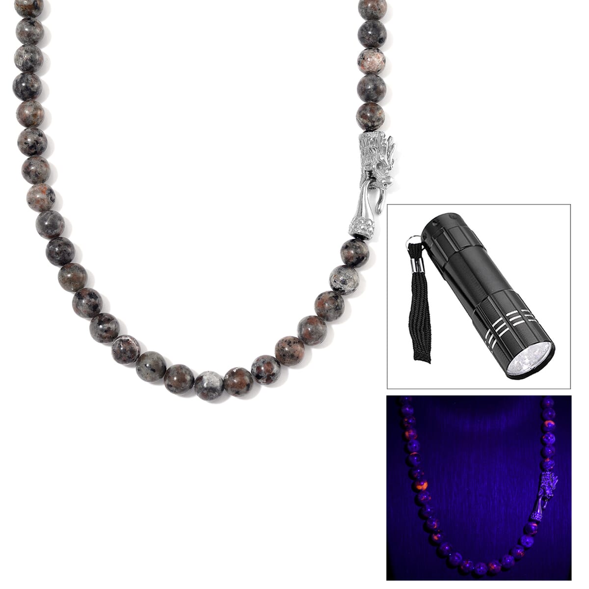 Natural Yooperlite 400.00 ctw 10mm Beaded Dragon Necklace in Stainless Steel 20 Inches with Free UV Flash Light image number 0