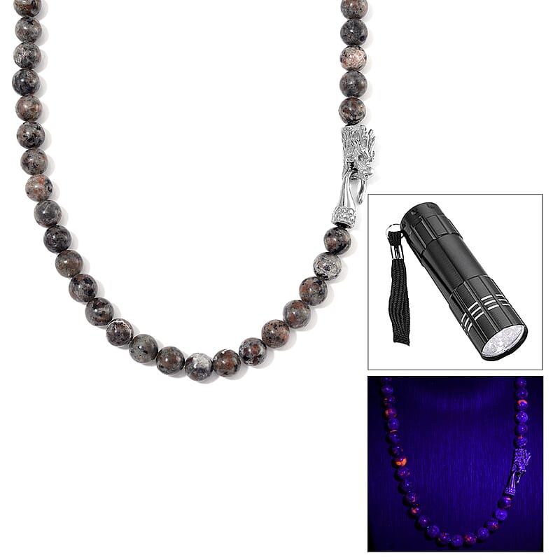 Natural Yooperlite 400.00 ctw 10mm Beaded Dragon Necklace in Stainless Steel 20 Inches with Free UV Flash Light