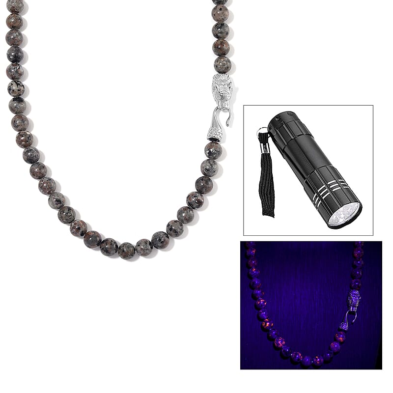 Natural Yooperlite 400.00 ctw 10mm Beaded Panther Necklace in Stainless Steel 20 Inches with Free UV Flash Light