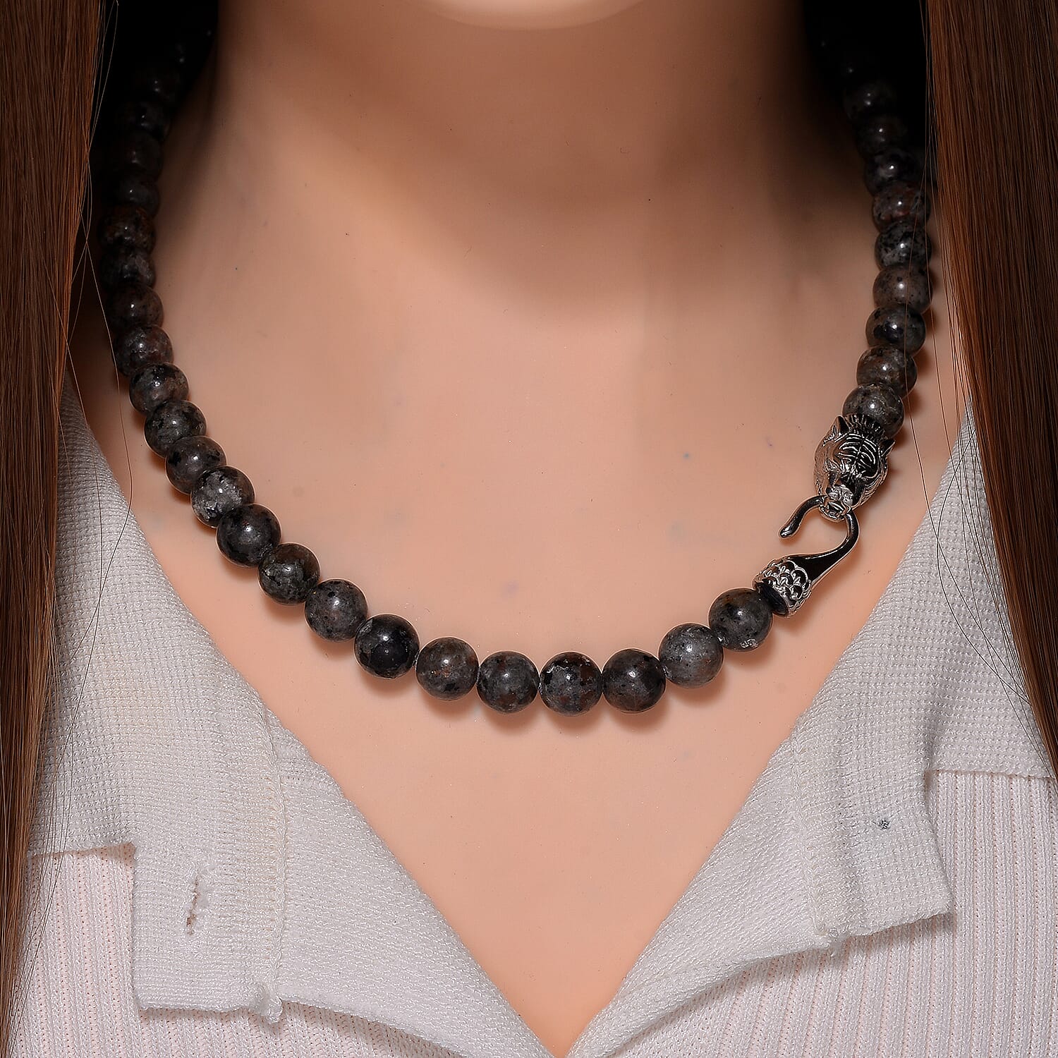 Natural Yooperlite 400.00 ctw 10mm Beaded Panther Necklace in Stainless Steel 20 Inches with Free UV Flash Light