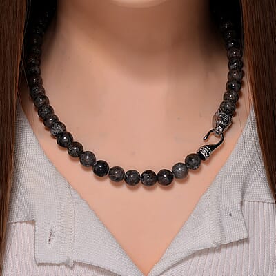 Natural Yooperlite 400.00 ctw 10mm Beaded Panther Necklace in Stainless Steel 20 Inches with Free UV Flash Light