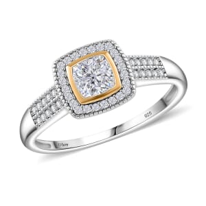 Moissanite 0.80 ctw Halo Ring in Rhodium Over Sterling Silver and 10K Yellow Gold (Size 10.0)