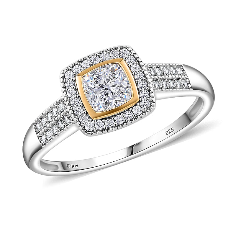 Moissanite 0.80 ctw Halo Ring in Rhodium Over Sterling Silver and 10K Yellow Gold (Size 10.0)