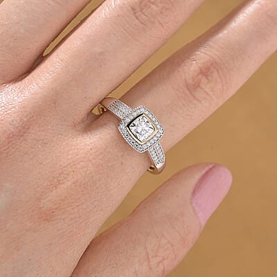 Moissanite 0.80 ctw Halo Ring in Rhodium Over Sterling Silver and 10K Yellow Gold (Size 10.0)