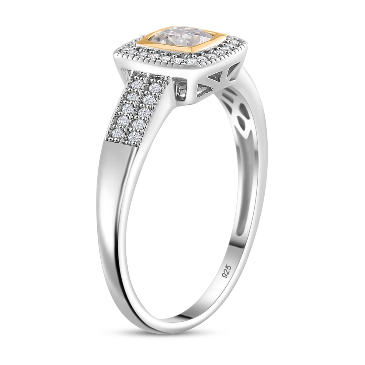Moissanite 0.80 ctw Halo Ring in Rhodium Over Sterling Silver and 10K Yellow Gold (Size 10.0) image number 2