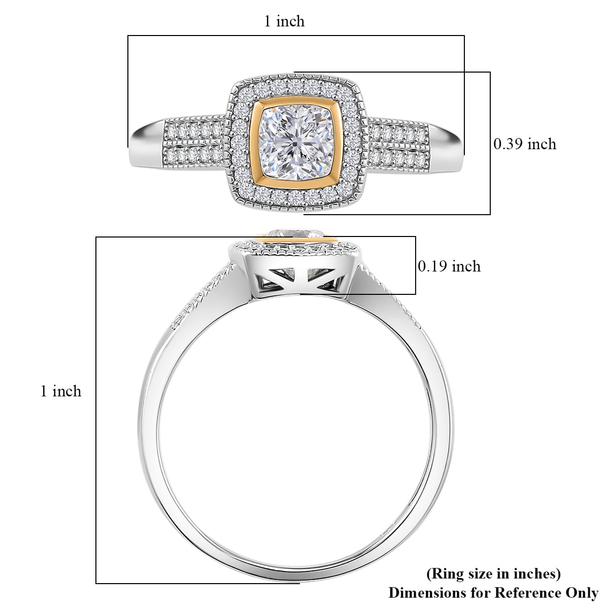 Moissanite 0.80 ctw Halo Ring in Rhodium Over Sterling Silver and 10K Yellow Gold (Size 10.0) image number 4