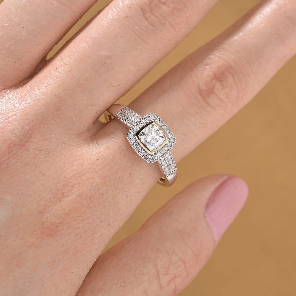 Moissanite 0.80 ctw Halo Ring in Rhodium Over Sterling Silver and 10K Yellow Gold (Size 8.0) image number 1
