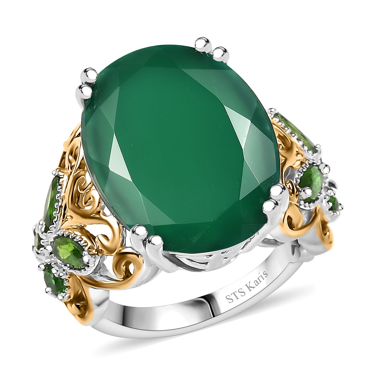 Karis Verde Onyx and Chrome Diopside 12.90 ctw Ring 18K YG Plated and Platinum Bond (Size 10.0)