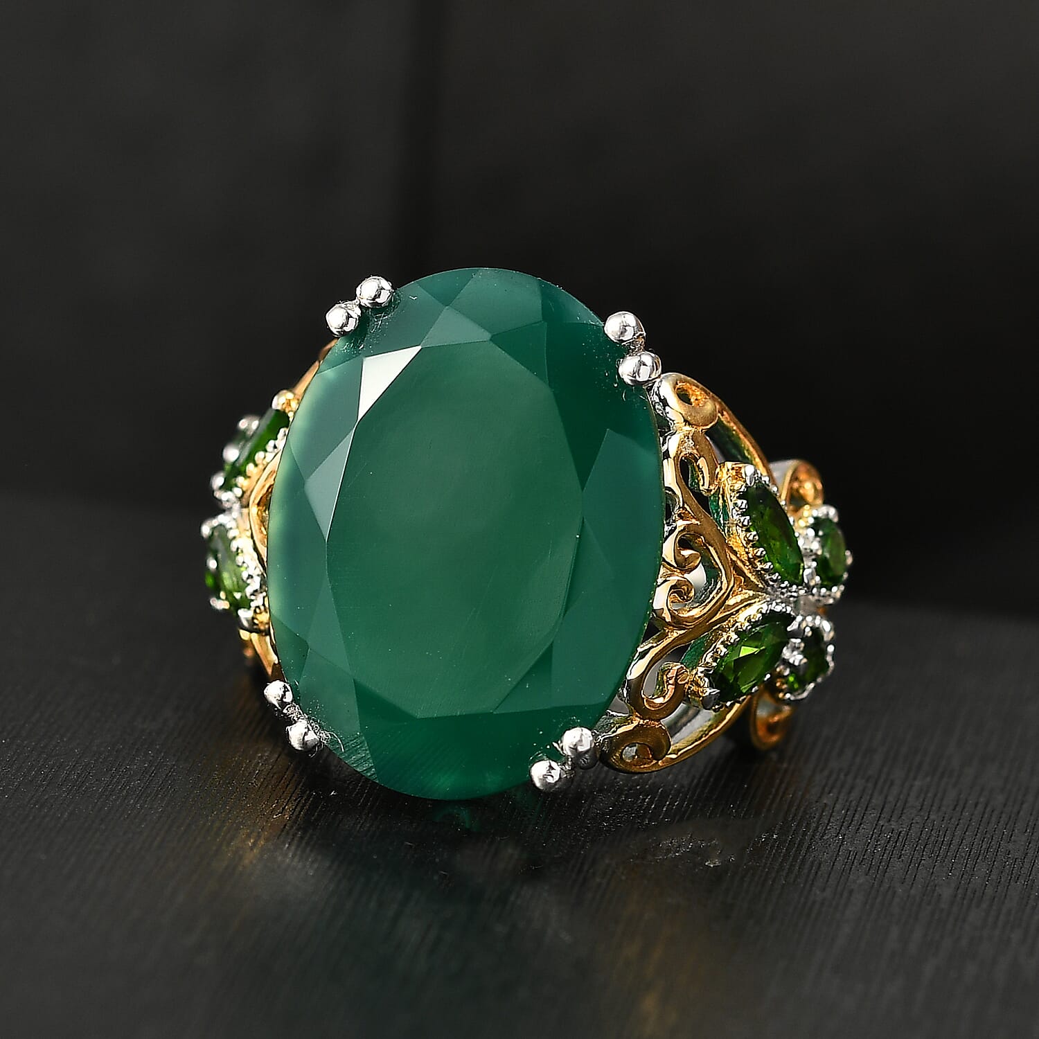 Karis Verde Onyx and Chrome Diopside 12.90 ctw Ring 18K YG Plated and Platinum Bond (Size 10.0)