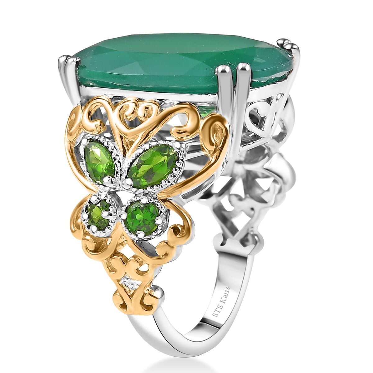 Karis Verde Onyx and Chrome Diopside 12.90 ctw Butterfly Ring 18K YG Plated and Platinum Bond (Size 5.0) image number 3