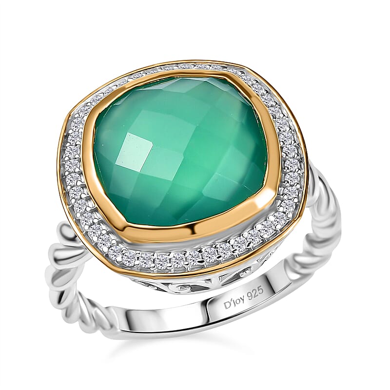 D'Joy Verde Onyx, White Zircon Halo Ring in 18K Vermeil YG and Rhodium Over Sterling Silver (Size 10.0) 6.15 ctw