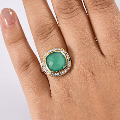 D'Joy Verde Onyx, White Zircon Halo Ring in 18K Vermeil YG and Rhodium Over Sterling Silver (Size 10.0) 6.15 ctw