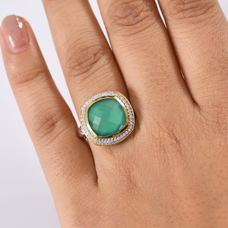 D'Joy Verde Onyx, White Zircon Halo Ring in 18K Vermeil YG and Rhodium Over Sterling Silver (Size 10.0) 6.15 ctw