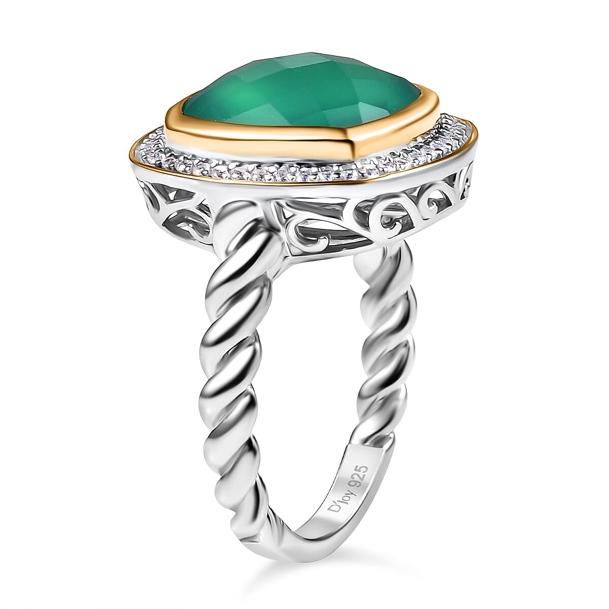 D'Joy Verde Onyx, White Zircon Halo Ring in 18K Vermeil YG and Rhodium Over Sterling Silver (Size 10.0) 6.15 ctw