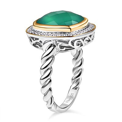 D'Joy Verde Onyx, White Zircon Halo Ring in 18K Vermeil YG and Rhodium Over Sterling Silver (Size 10.0) 6.15 ctw
