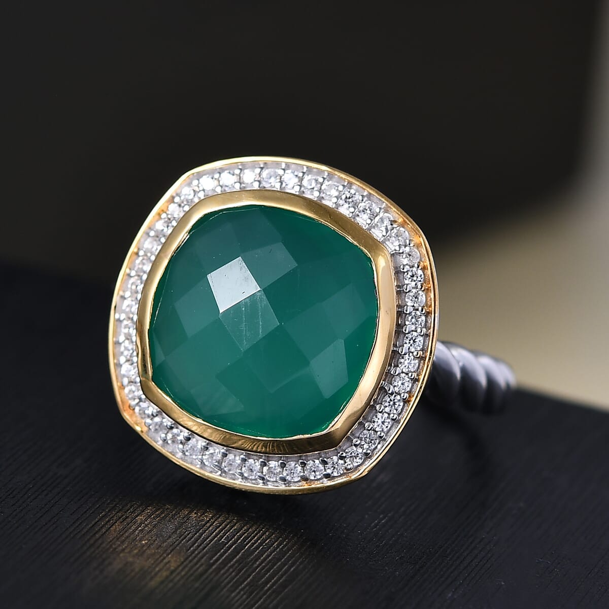 D'Joy Verde Onyx and White Zircon 6.15 ctw Halo Ring in 18K Vermeil YG and Rhodium Over Sterling Silver (Size 6.0) image number 1