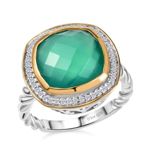 D'Joy Verde Onyx and White Zircon 6.15 ctw Halo Ring in 18K Vermeil YG and Rhodium Over Sterling Silver (Size 7.0)