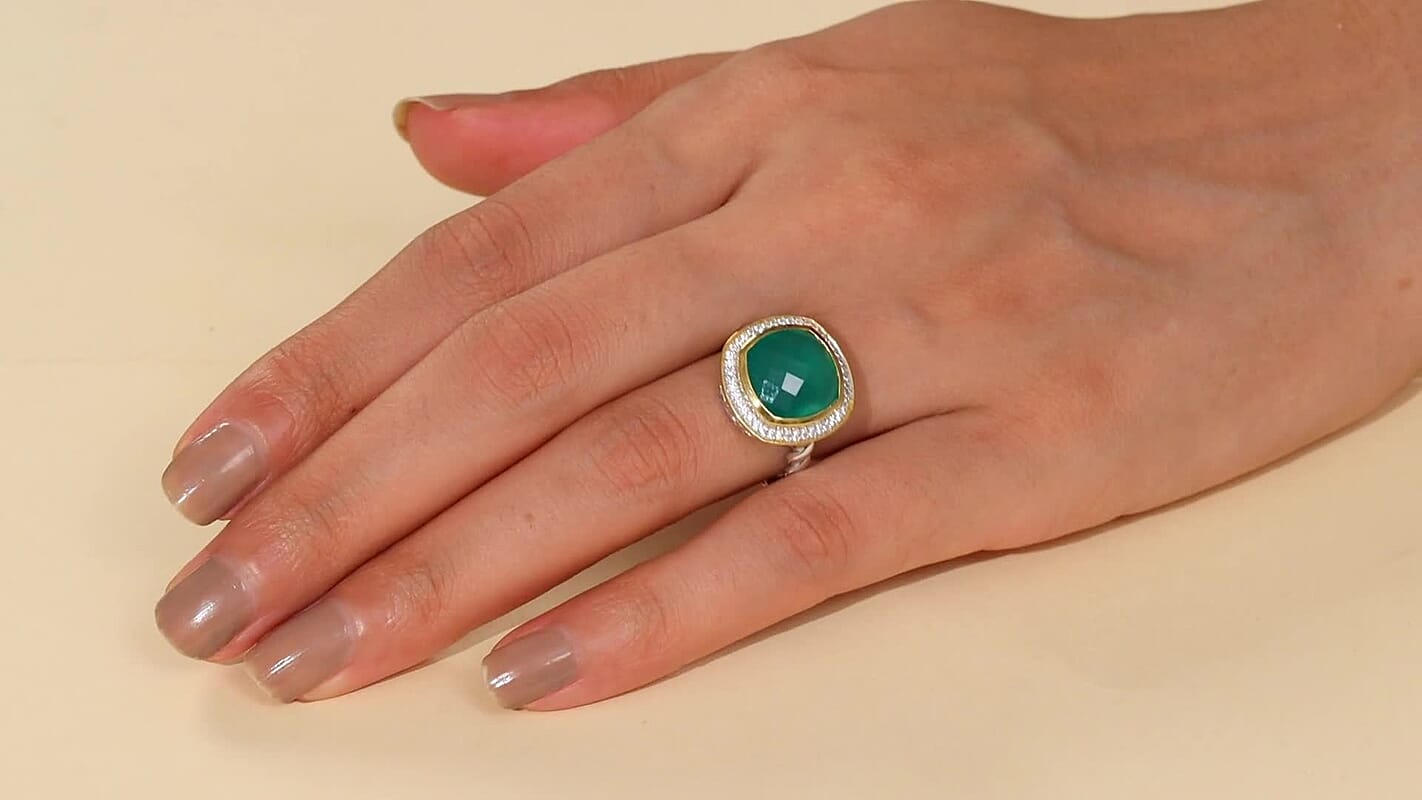 D'Joy Verde Onyx, White Zircon Ring in 18K Vermeil YG and Rhodium Over Sterling Silver (Size 10.0) 6.15 ctw