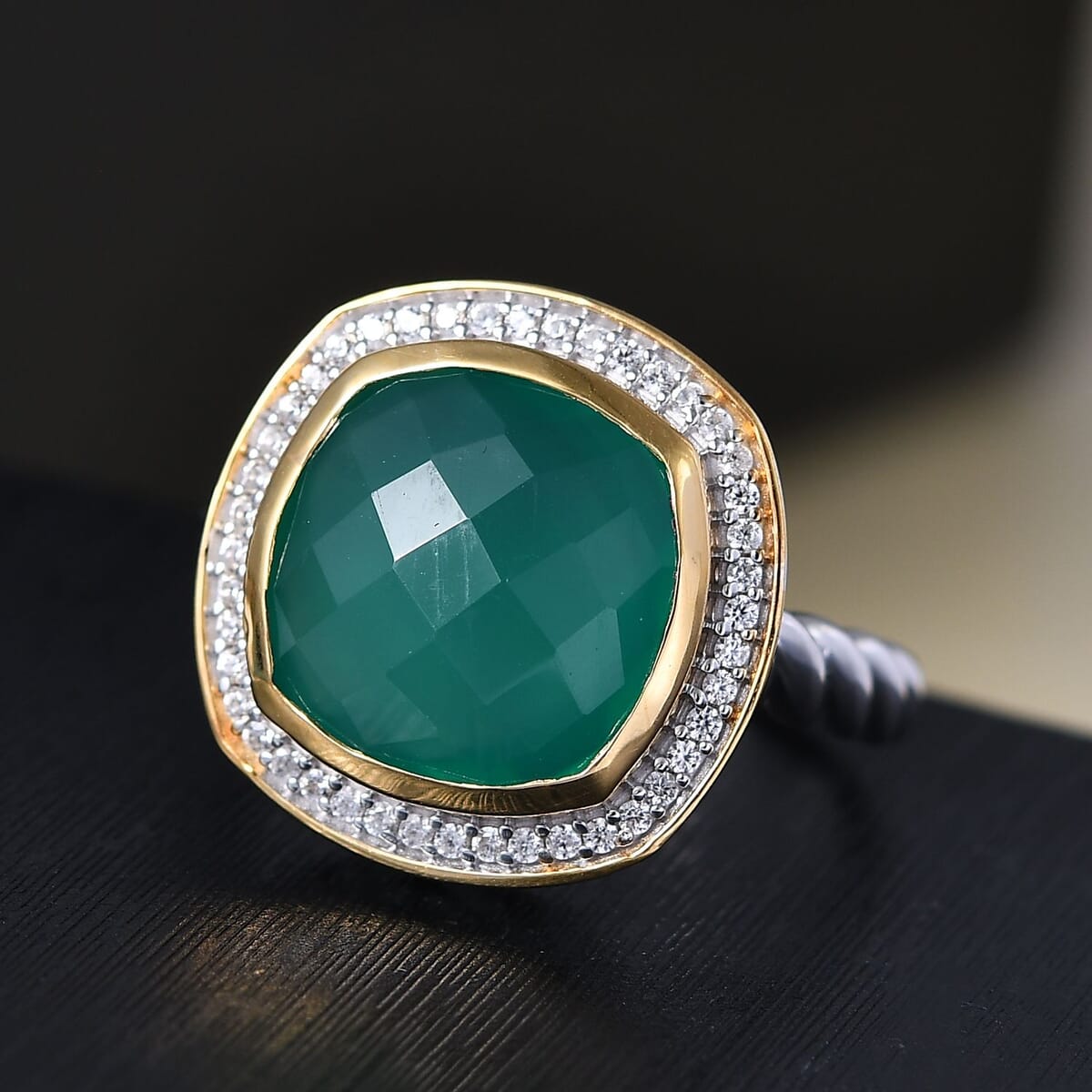 D'Joy Verde Onyx and White Zircon 6.15 ctw Halo Ring in 18K Vermeil YG and Rhodium Over Sterling Silver (Size 7.0) image number 1