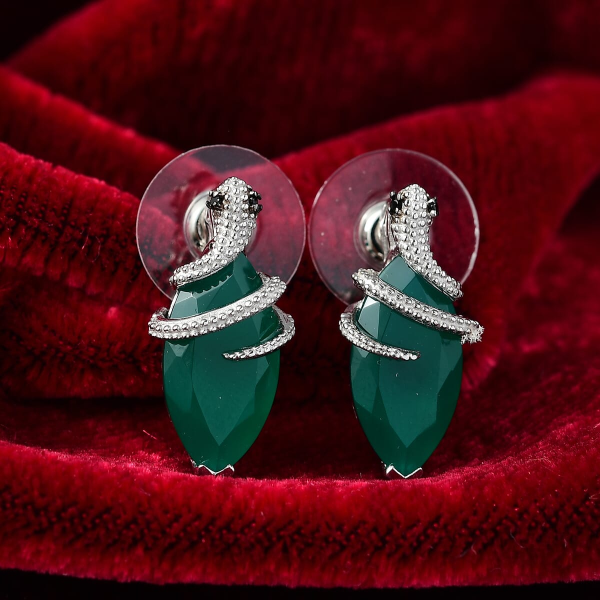 D'Joy Verde Onyx and Thai Black Spinel 7.40 ctw Snake Stud Earrings in Rhodium Over Sterling Silver image number 1