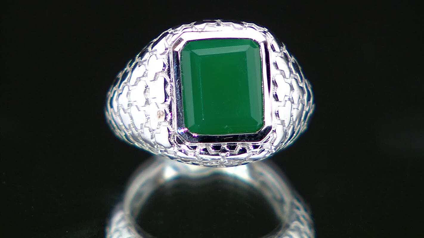 Verde Onyx 5.85 ctw Mens Ring in Rhodium Over Sterling Silver (Size 10.0)