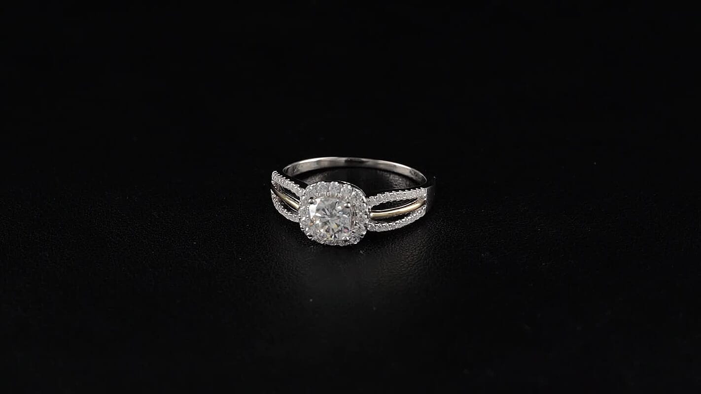 Moissanite (Cush 6x6mm) Ring in Rhodium Over Sterling Silver and 10K Yellow Gold (Size 10.0) 1.50 ctw