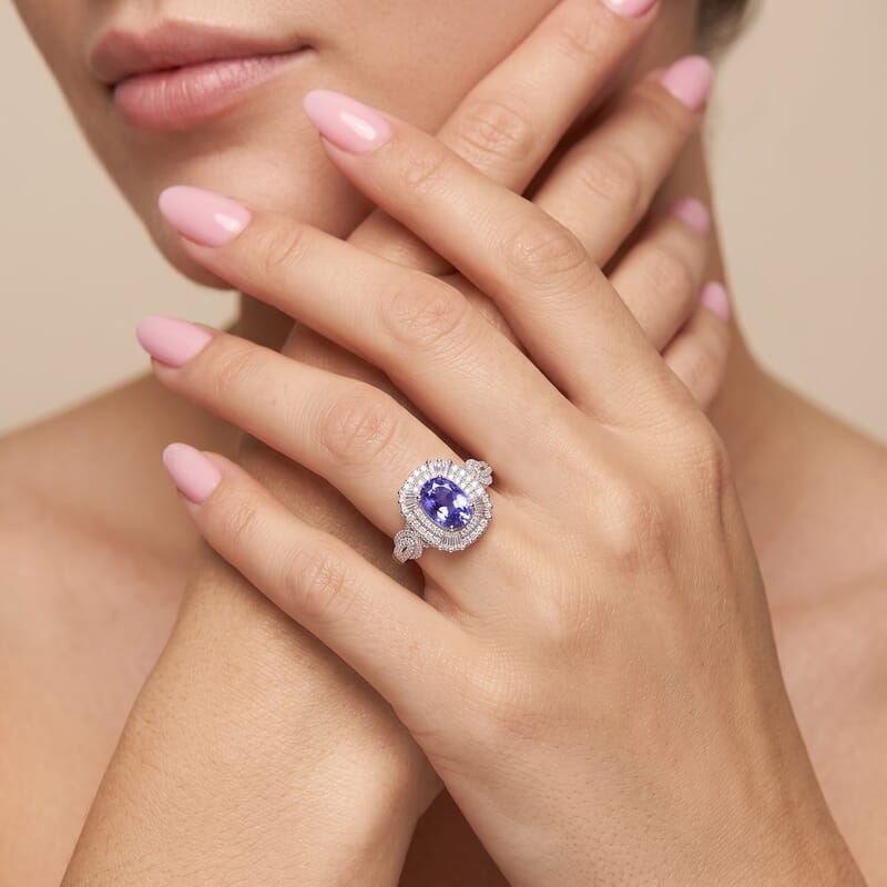 Doorbuster D'Joy Tanzanite and White Zircon 2.25 ctw Halo Ring in Rhodium Over Sterling Silver (Size 10.0)