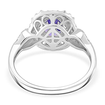D'Joy Tanzanite and White Zircon 2.25 ctw Halo Ring in Rhodium Over Sterling Silver (Size 10.0)