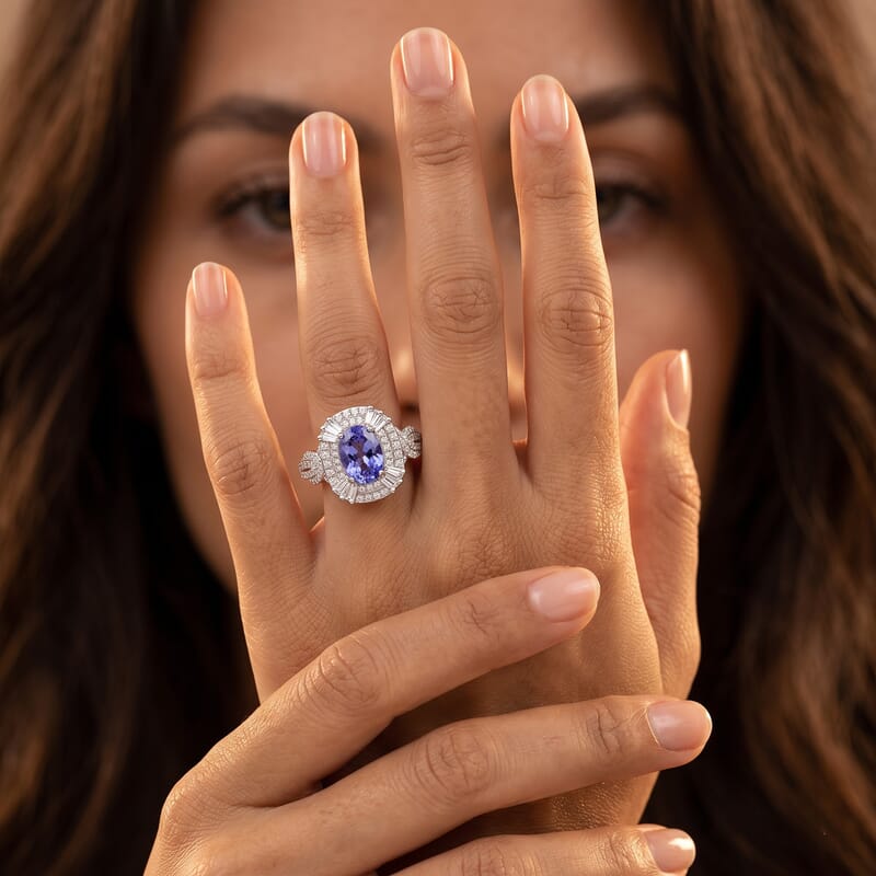 Doorbuster D'Joy Tanzanite and White Zircon 2.25 ctw Halo Ring in Rhodium Over Sterling Silver (Size 10.0)