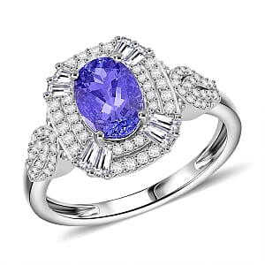 D'Joy Tanzanite and White Zircon 2.25 ctw Halo Ring in Rhodium Over Sterling Silver (Size 7.0)