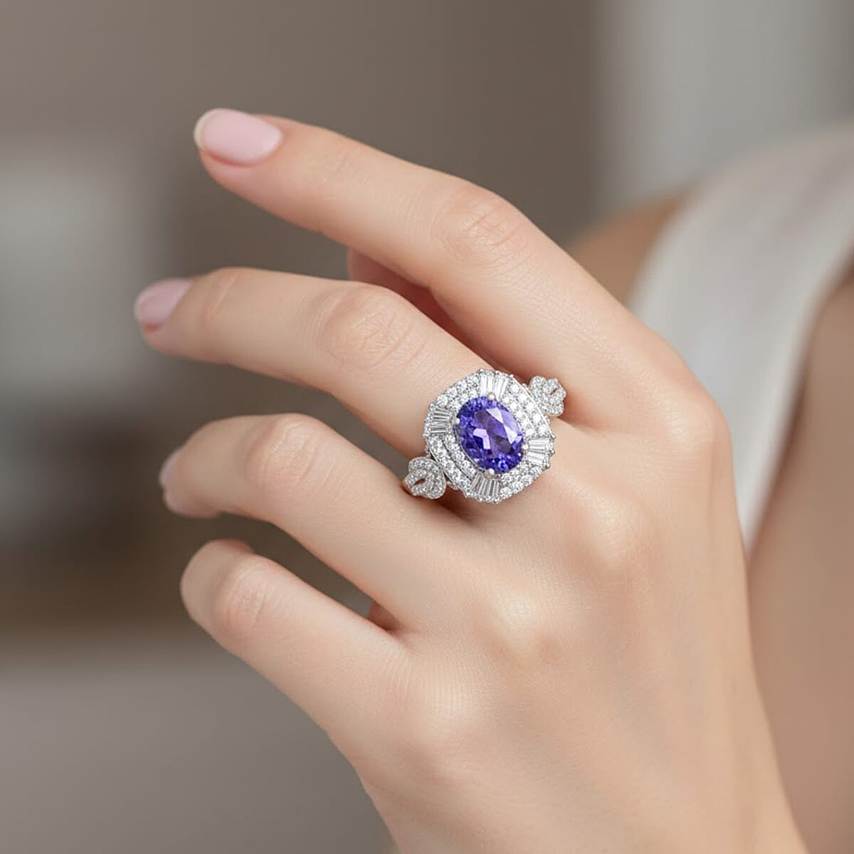 D'Joy Tanzanite and White Zircon 2.25 ctw Halo Ring in Rhodium Over Sterling Silver (Size 7.0) image number 2