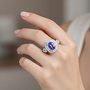 D'Joy Tanzanite and White Zircon 2.25 ctw Halo Ring in Rhodium Over Sterling Silver (Size 7.0)