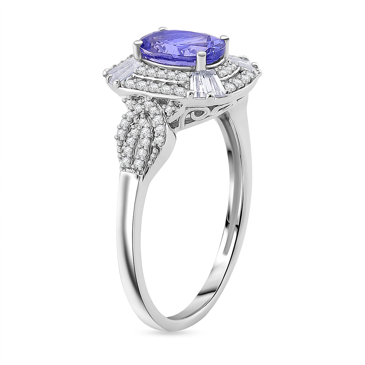 D'Joy Tanzanite and White Zircon 2.25 ctw Halo Ring in Rhodium Over Sterling Silver (Size 7.0) image number 3