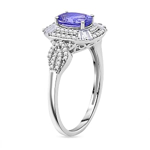 D'Joy Tanzanite and White Zircon 2.25 ctw Halo Ring in Rhodium Over Sterling Silver (Size 7.0)
