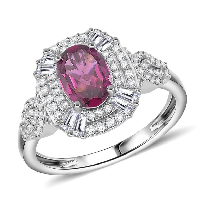 D'Joy Radiant Ember Garnet and White Zircon 2.25 ctw Halo Ring in Rhodium Over Sterling Silver (Size 10.0)
