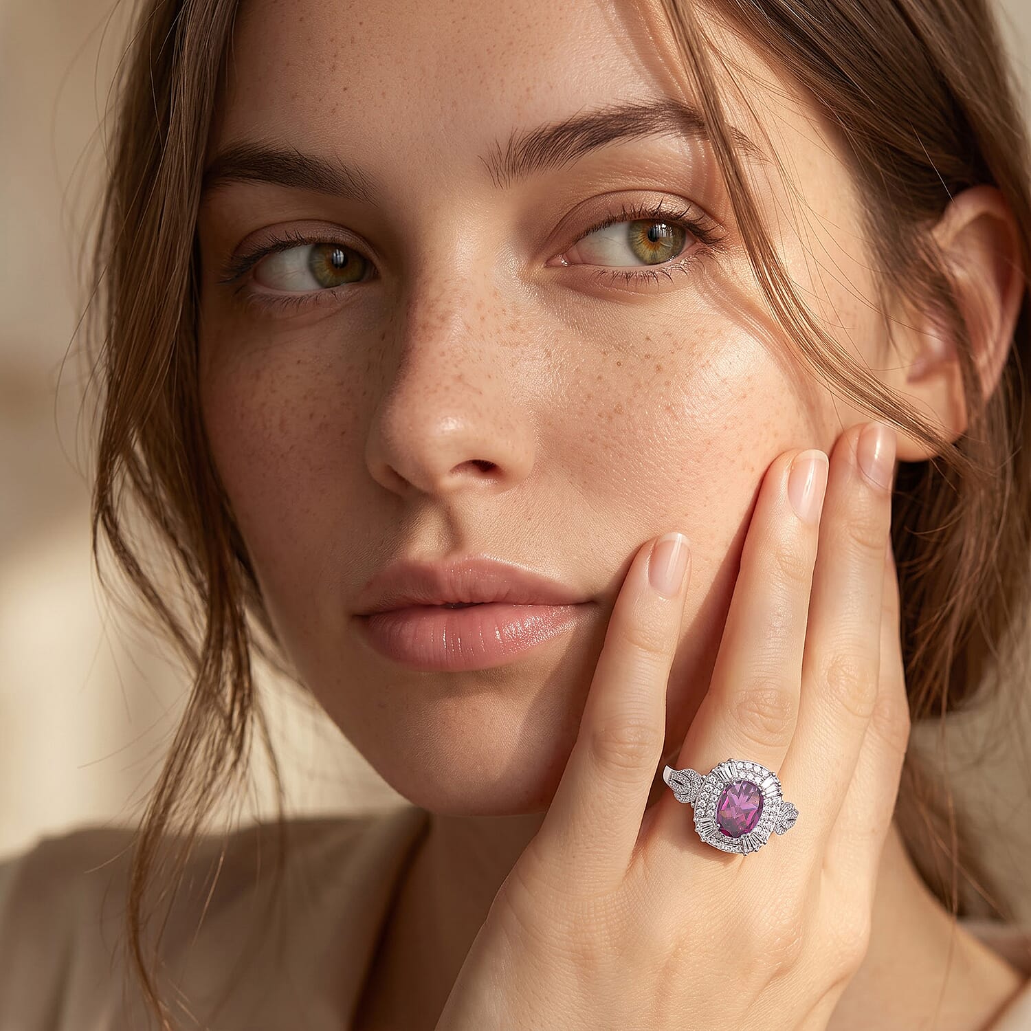 D'Joy Radiant Ember Garnet and White Zircon 2.25 ctw Halo Ring in Rhodium Over Sterling Silver (Size 10.0)