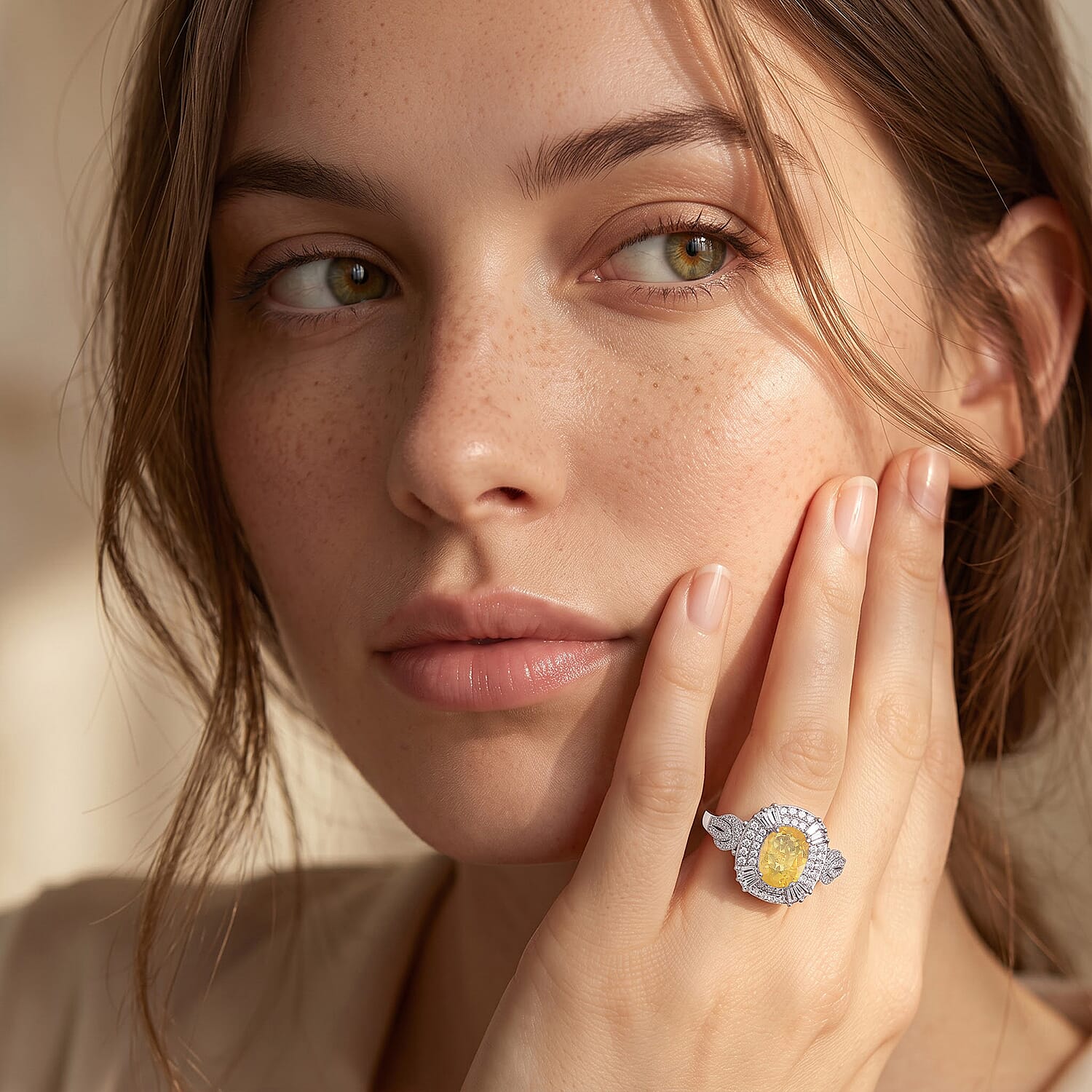 D'Joy Yellow Sapphire, White Zircon Ring in Rhodium Over Sterling Silver (Size 10.0) 2.25 ctw