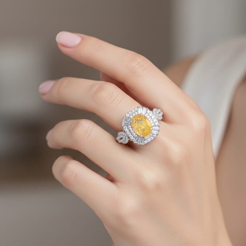 D'Joy Yellow Sapphire, White Zircon Ring in Rhodium Over Sterling Silver (Size 10.0) 2.25 ctw