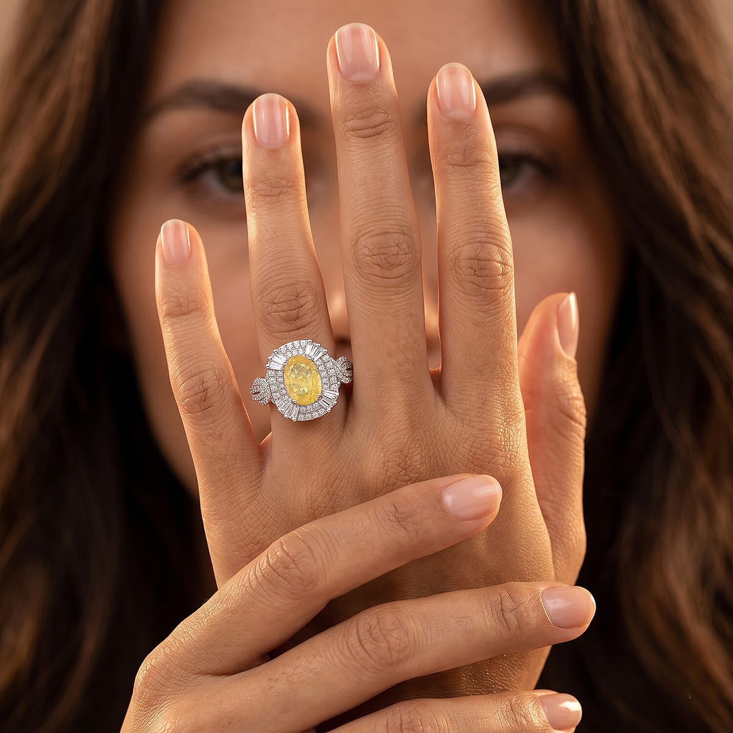 D'Joy Yellow Sapphire, White Zircon Ring in Rhodium Over Sterling Silver (Size 10.0) 2.25 ctw