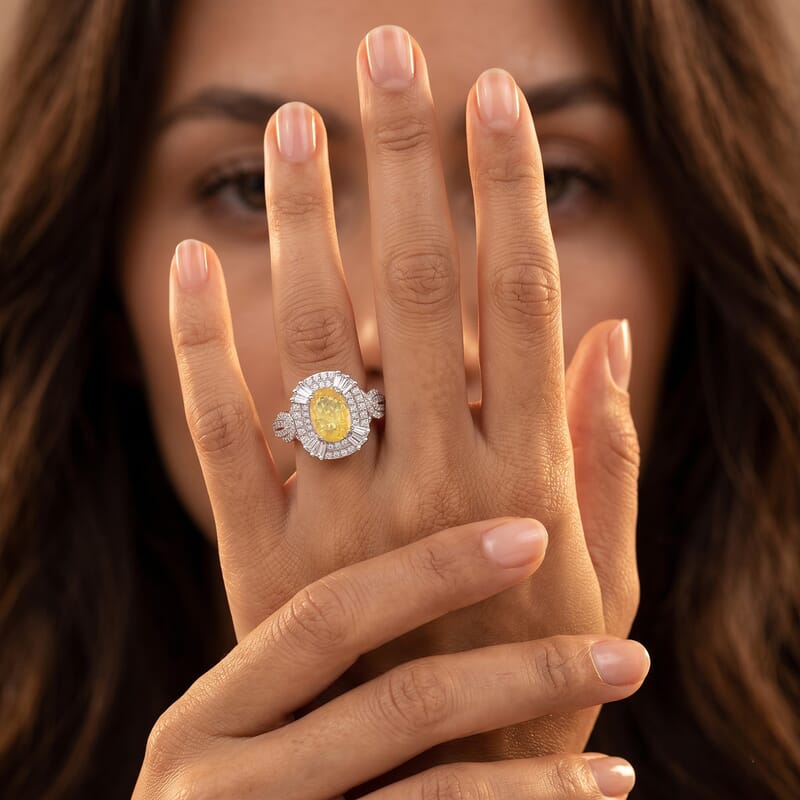 D'Joy Yellow Sapphire, White Zircon Ring in Rhodium Over Sterling Silver (Size 10.0) 2.25 ctw
